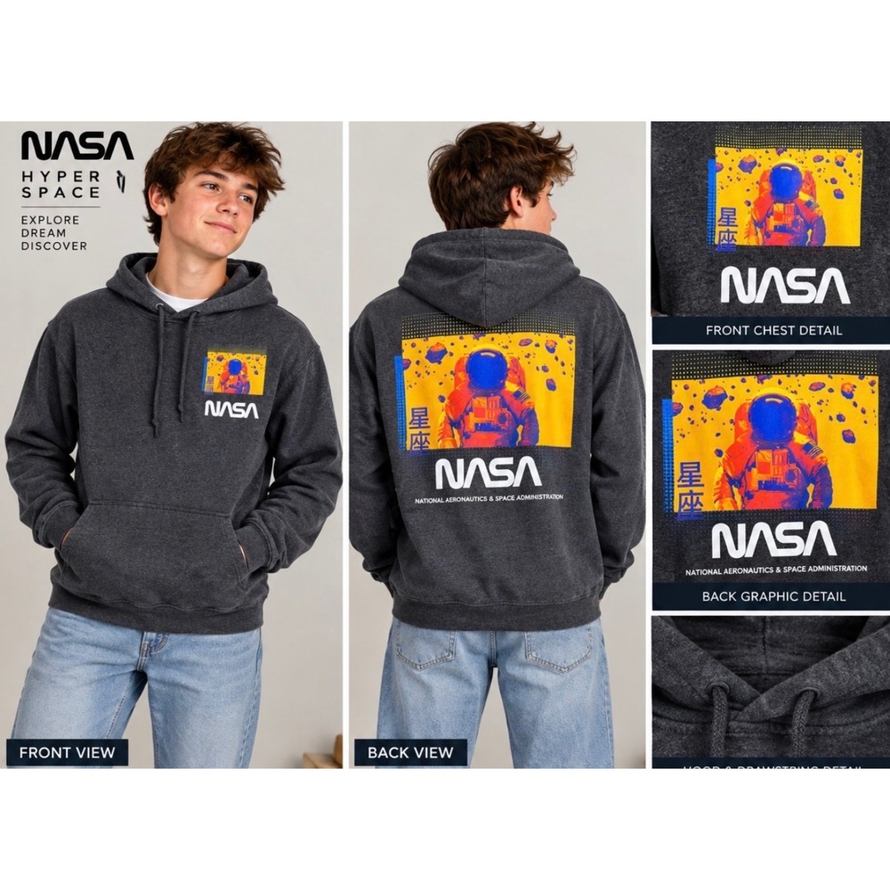 Hyper Space NASA Astronaut Graphic Hoodie Charcoal Grey Mens Small NWT